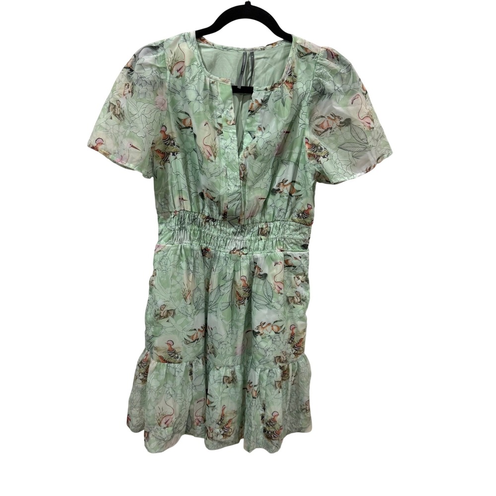 Anthropologie Woodland Animal Print Smocked Mini Dress Mint Green Small NWT